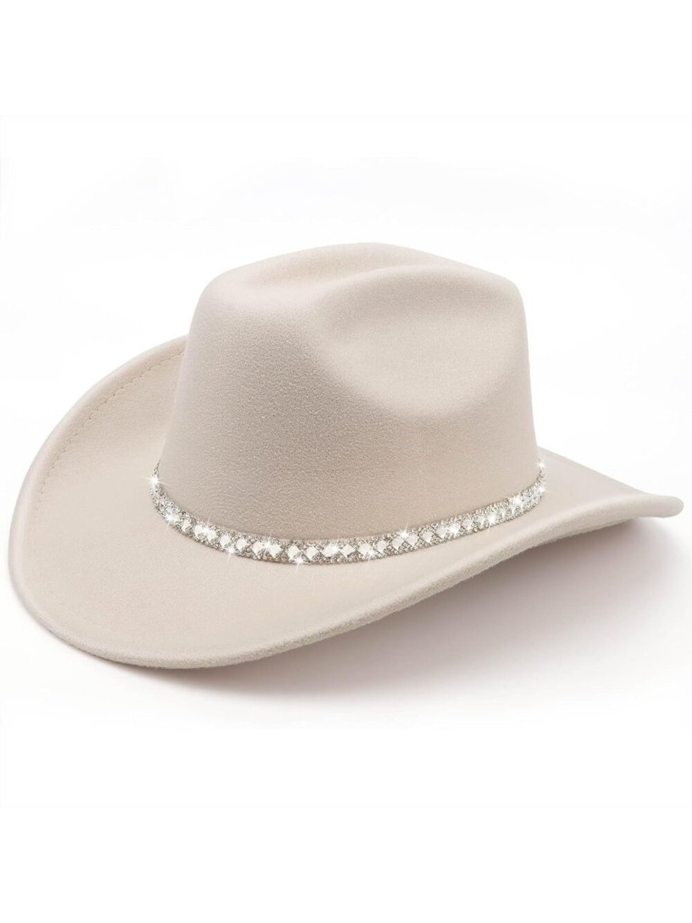 Unisex Beige Felt Wide Brim Fedora Belt Buckle Western Cowboy Rolled Cap Hat